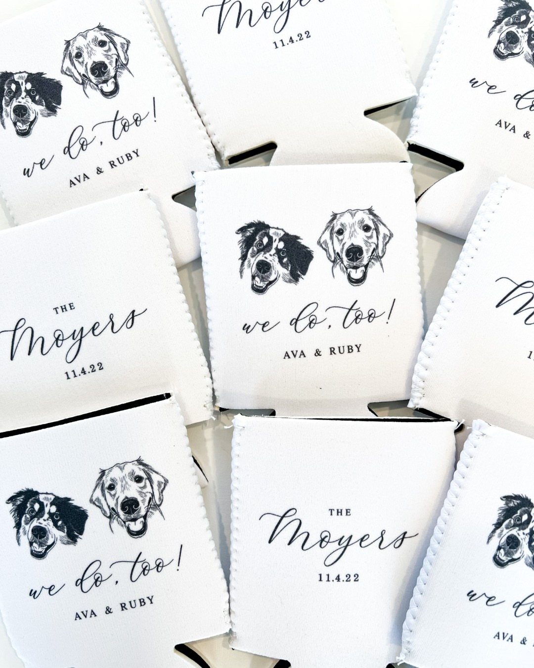 White foam beverage koozies featuring dog illustrations and personalized wedding date text.