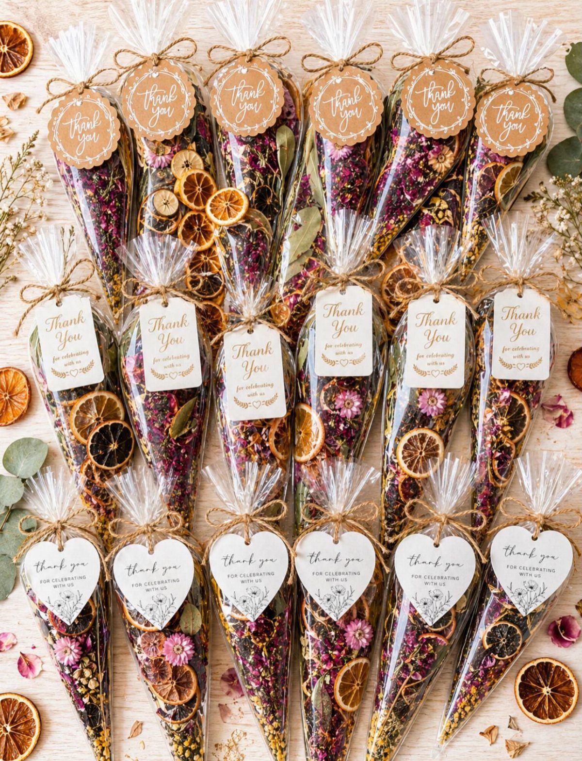Cone-shaped bags of dried flowers and citrus with thank you tags for favors.