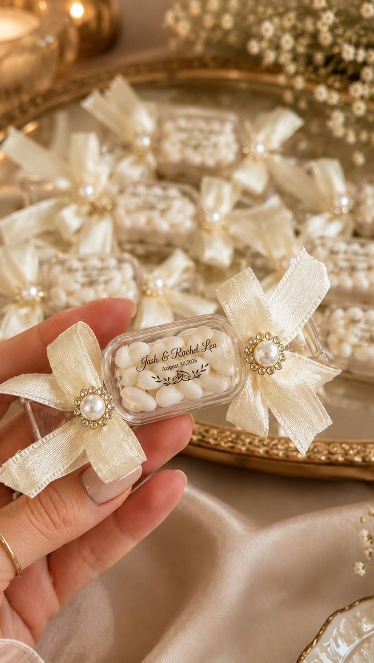Personalized candy boxes with white almonds and cream bows held in a hand.