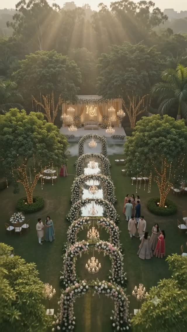 Wedding aisle lined with white floral arches and chandeliers in a garden setting