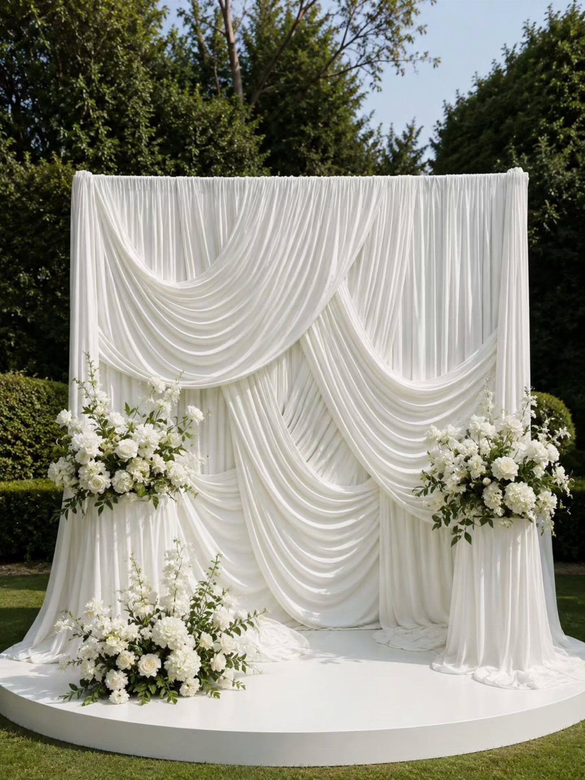 White draped fabric altar backdrop with white floral arrangements on a circular platform.