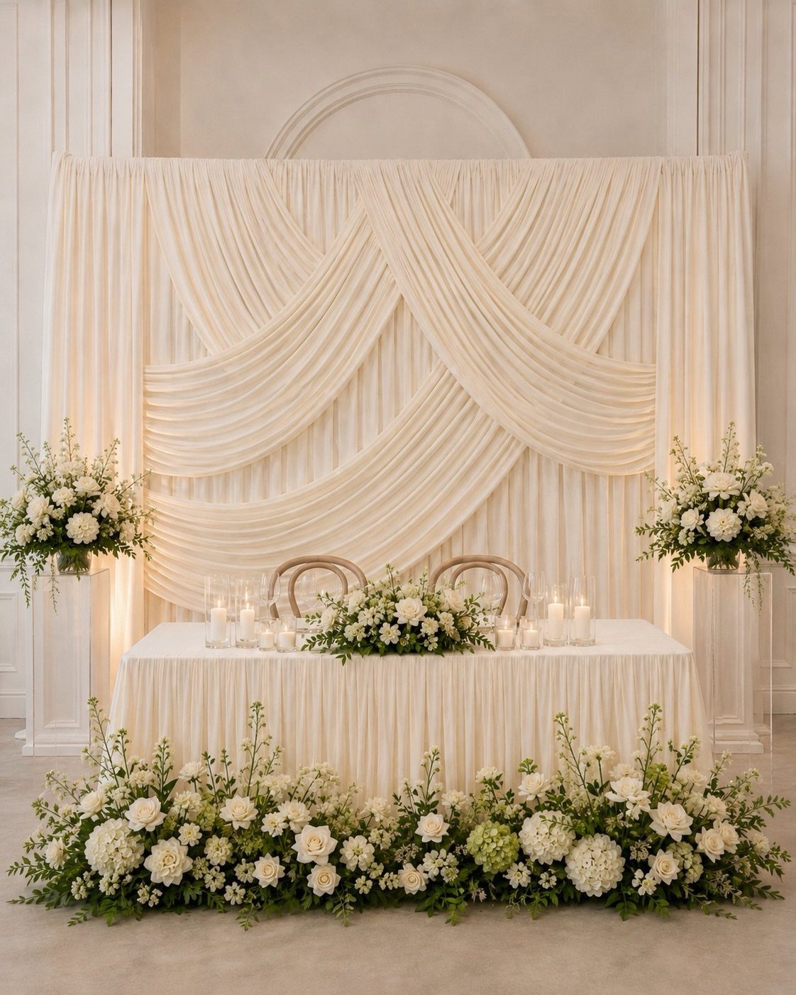 Small sweetheart table with white linens and flowers against a draped fabric backdrop.