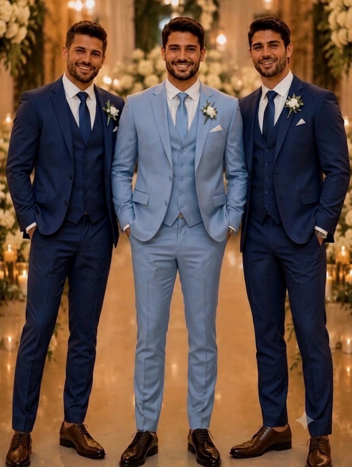 Three men wearing navy and light blue wedding suits in a floral venue