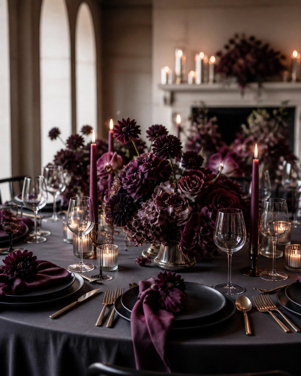 Dark purple table setting with aubergine floral arrangements and wine-colored candles.