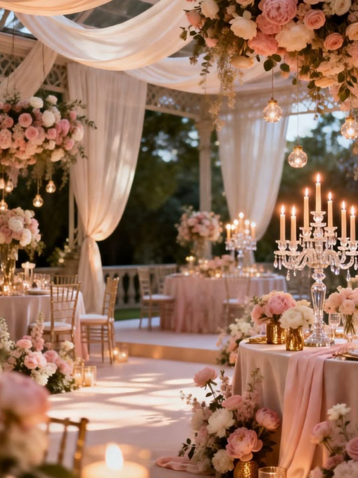 Wedding reception tables with blush linens, pink floral arrangements, and crystal candelabras.