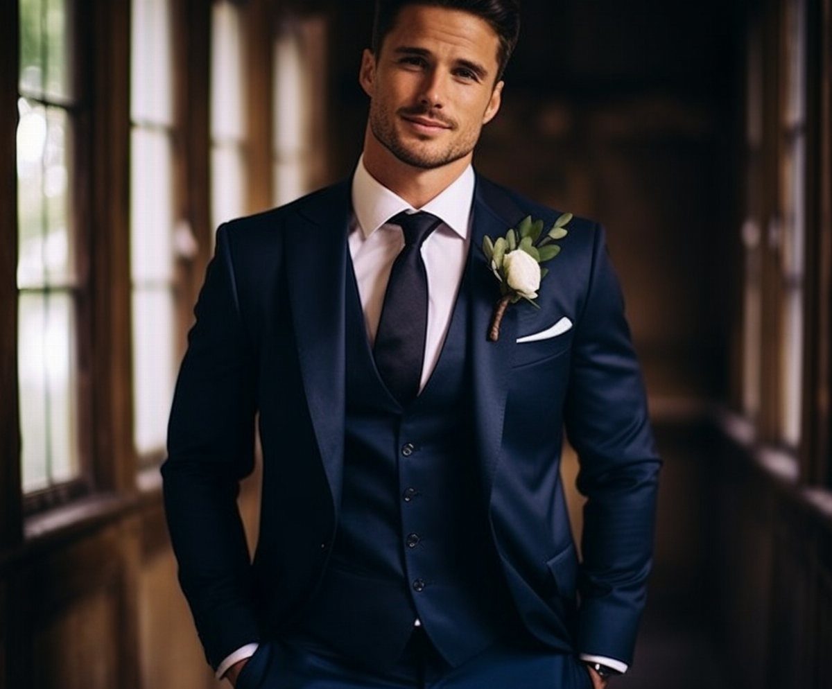 Man in navy blue three-piece suit with white rose and green leaf boutonniere.