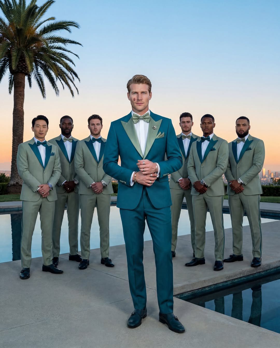 Groom and groomsmen wearing coordinated teal and light green formal suits by a pool