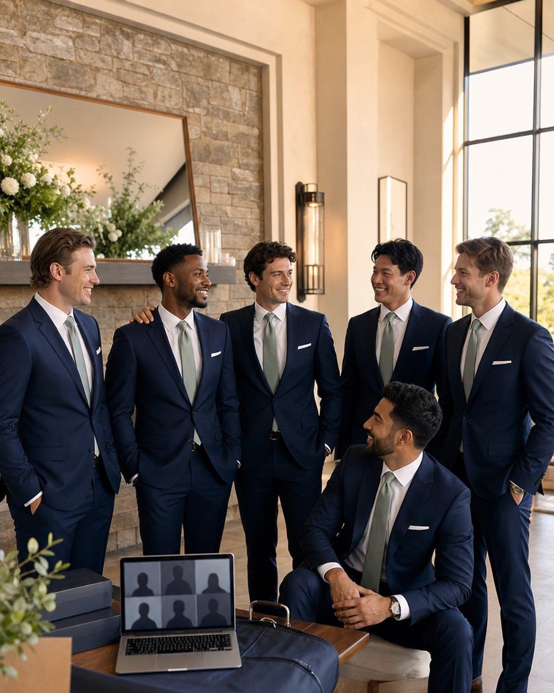 Six men in navy blue suits wearing light sage green ties in a room.