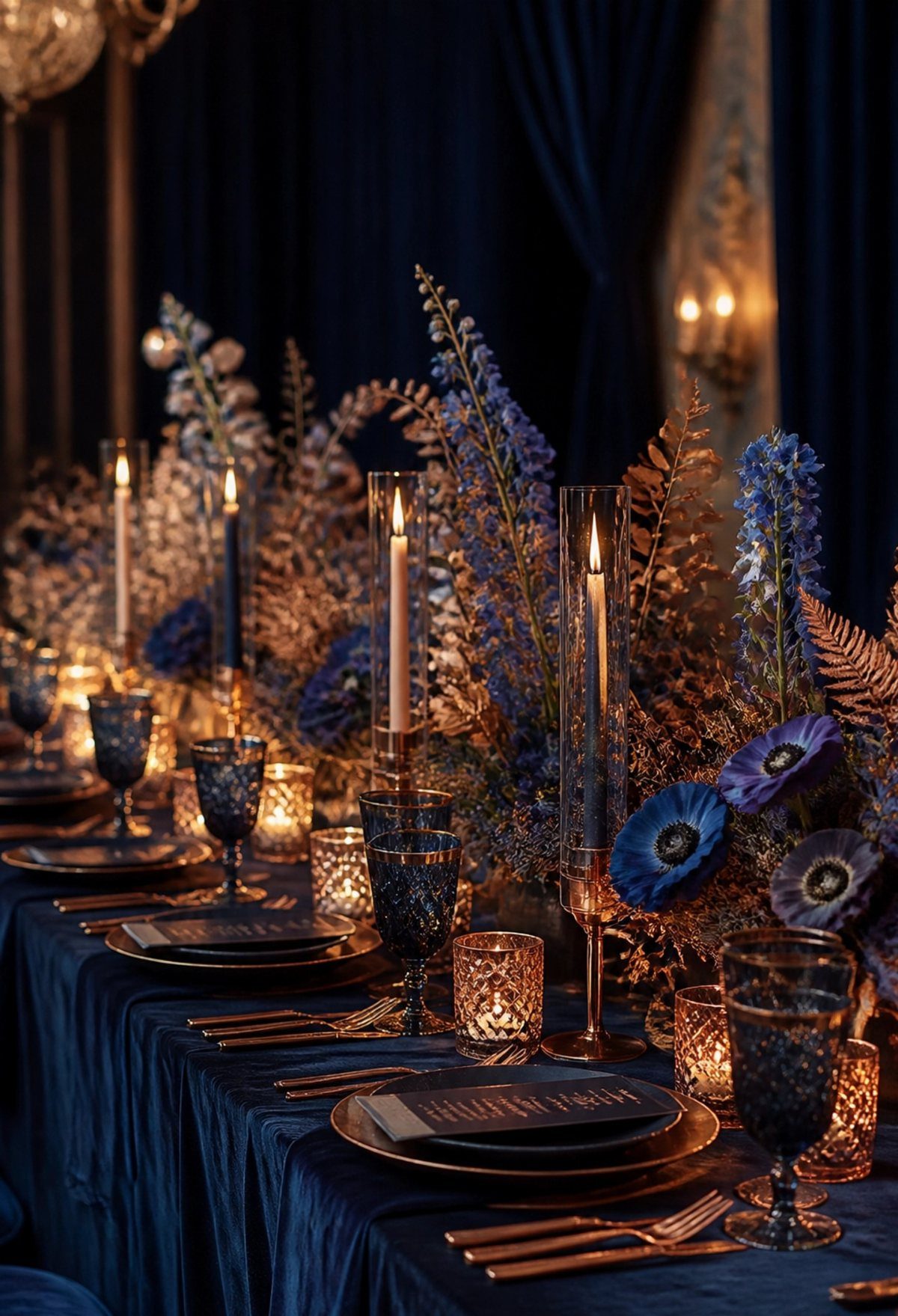 Navy blue table setting with copper cutlery, navy plates, and blue floral arrangements.