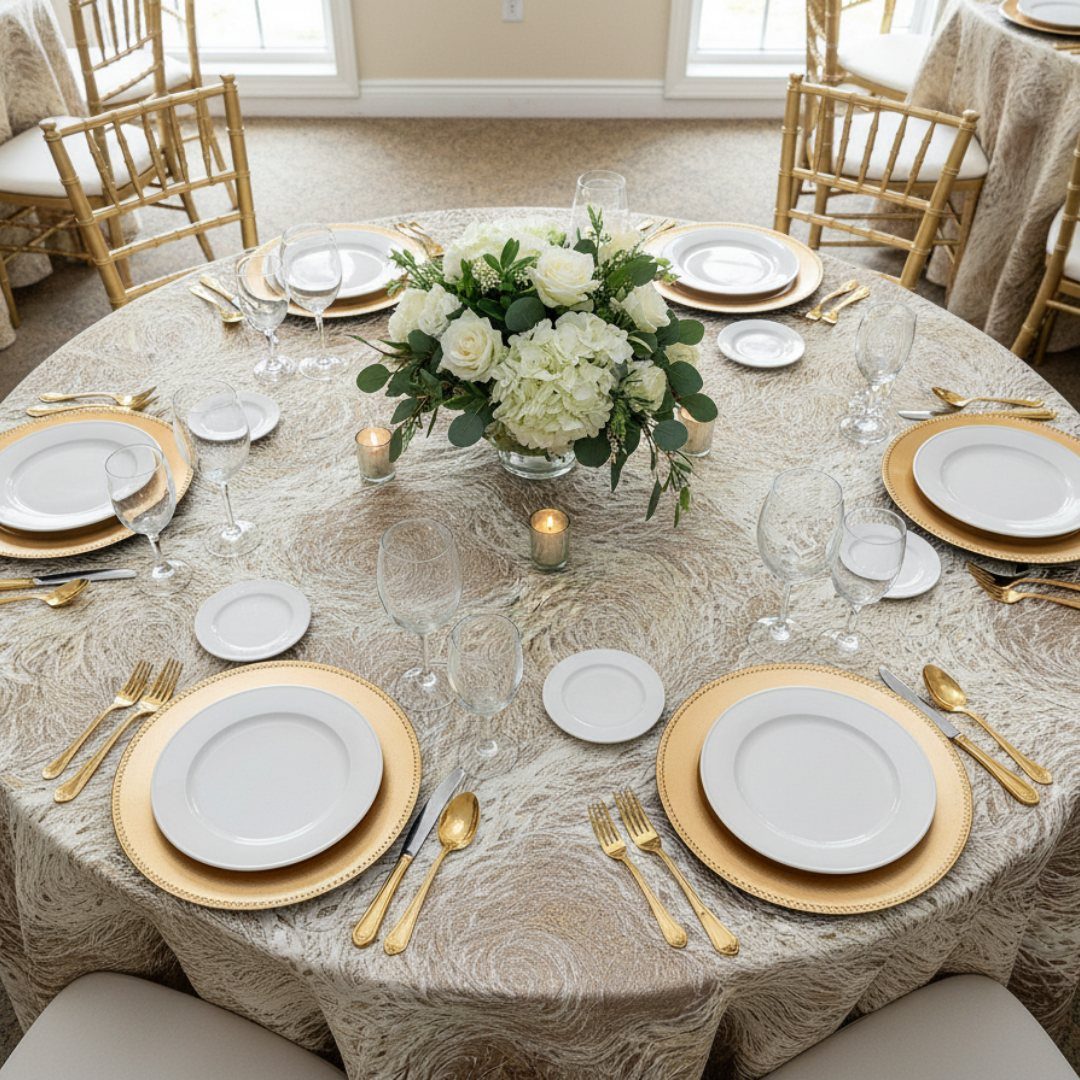 Champagne patterned tablecloth with gold charger plates and white floral centerpiece.