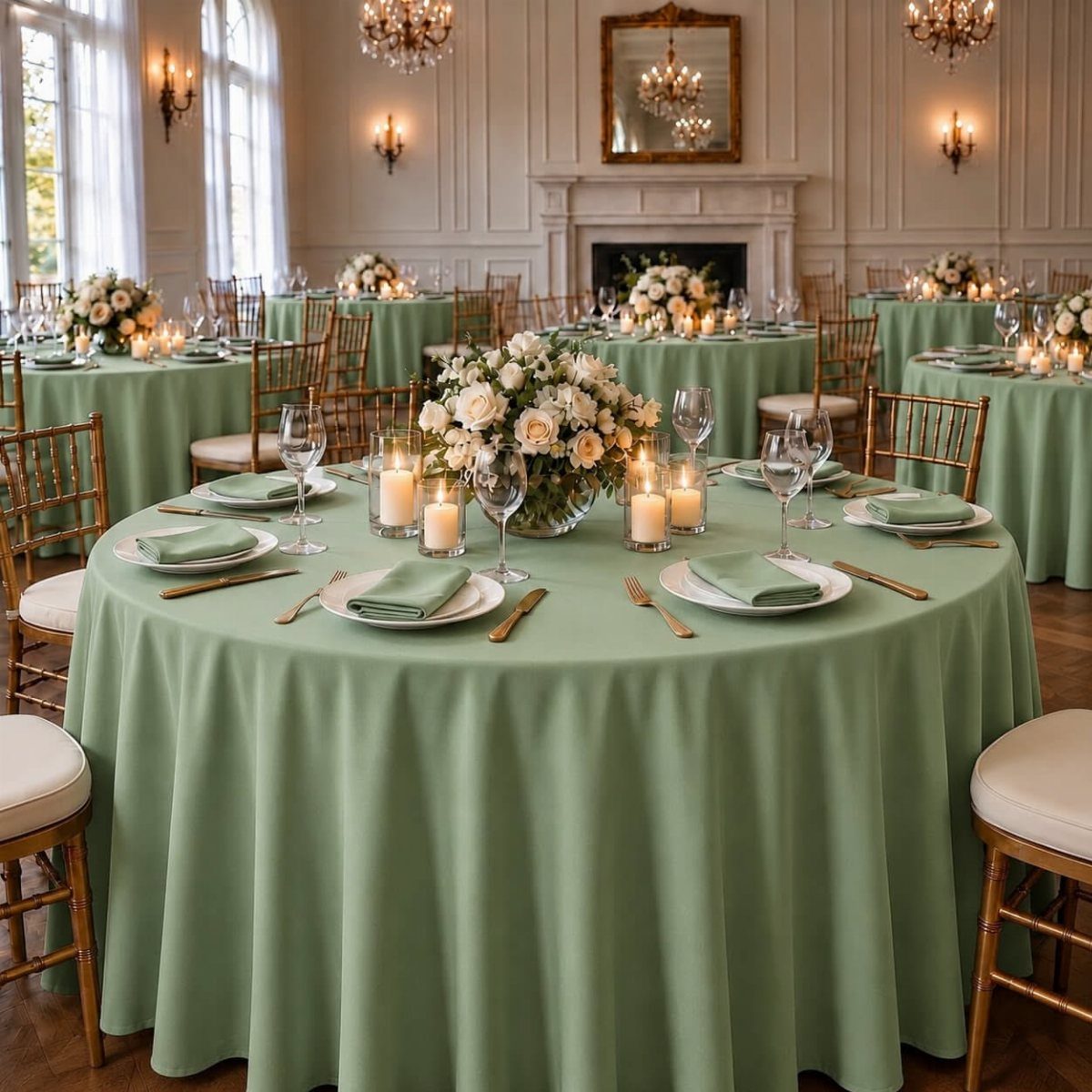 Sage green tablecloth with champagne floral centerpieces and gold cutlery in a ballroom
