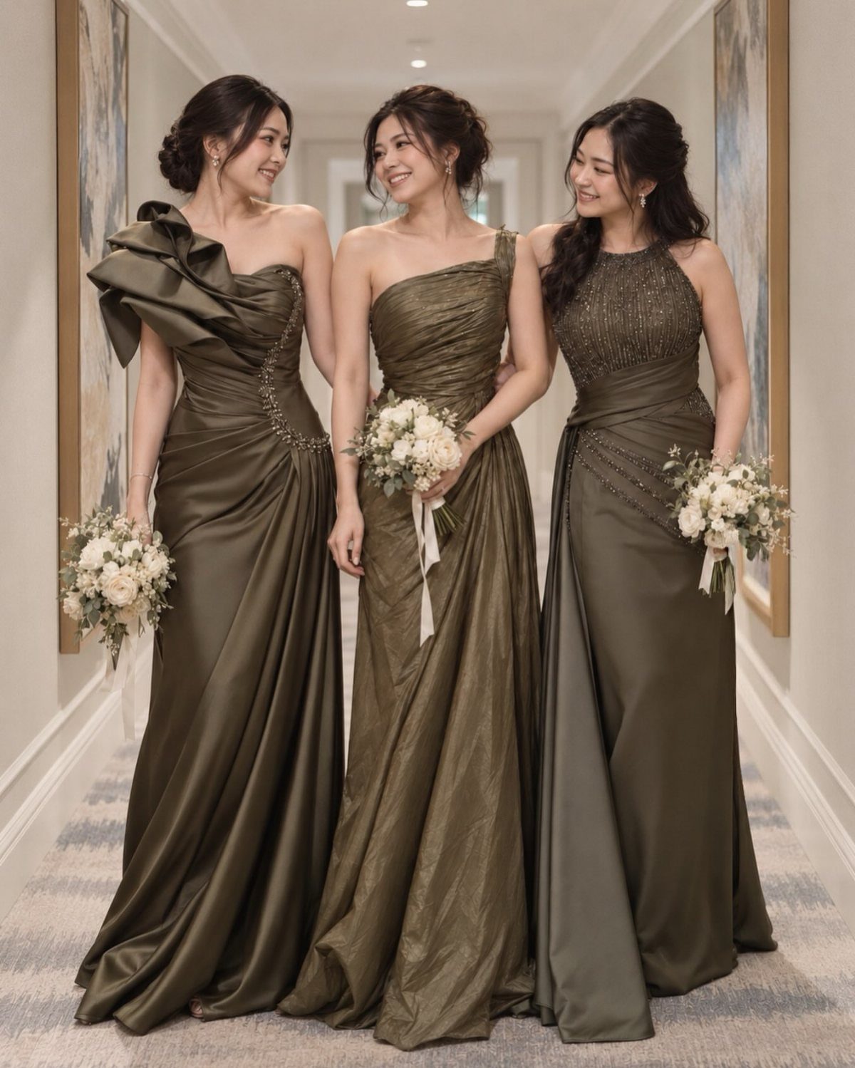 Three bridesmaids in olive green satin gowns holding white floral bouquets in a hallway.