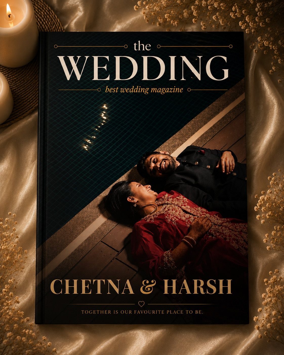 Hardcover wedding photo album featuring a couple, resting on gold satin with candles.