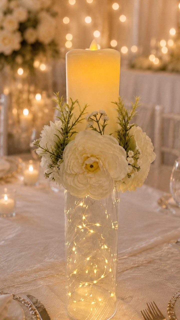 Glass vase centerpiece with fairy lights, white peonies, and a glowing pillar candle.