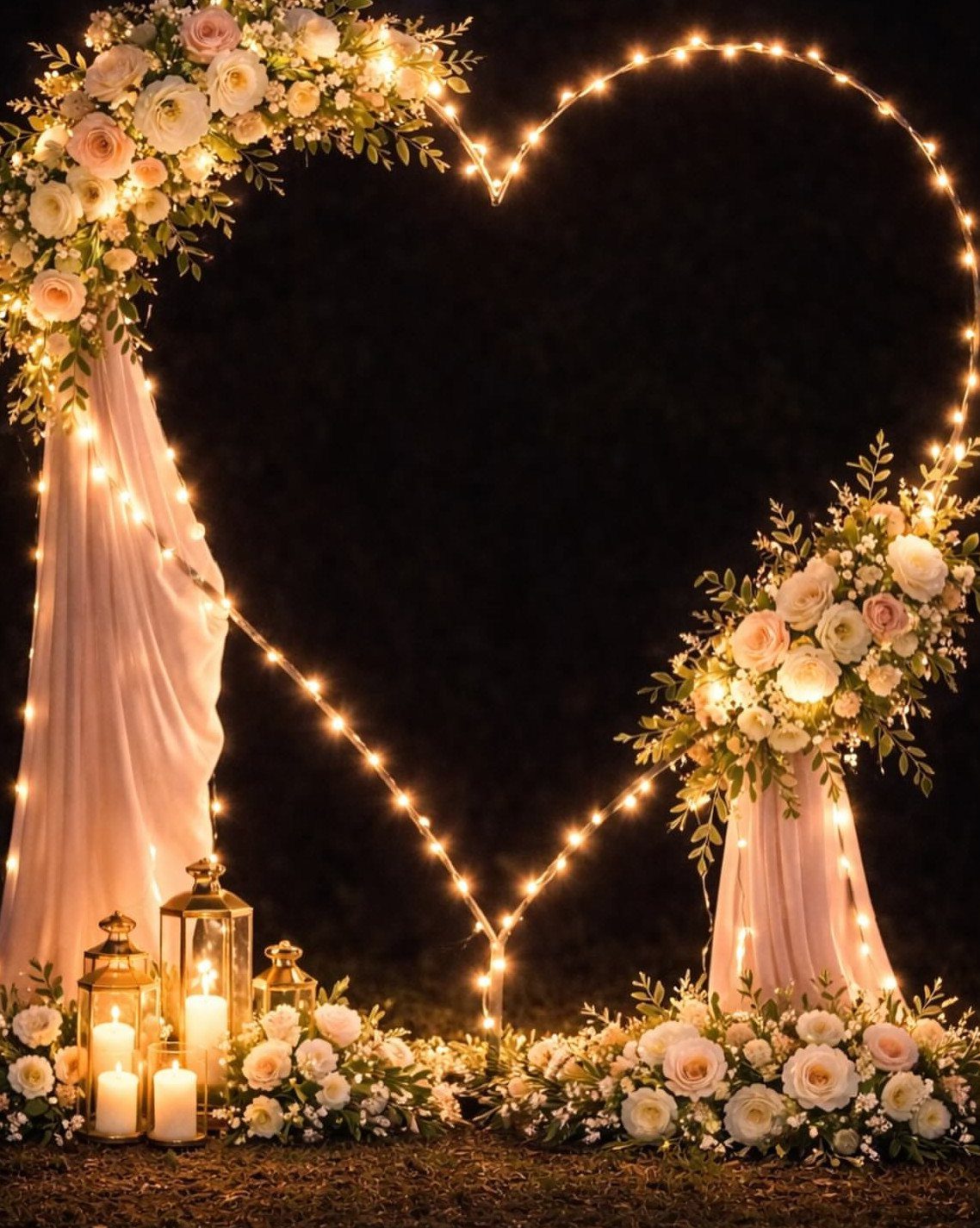 Heart-shaped fairy light frame decorated with pink roses and white fabric drapes.