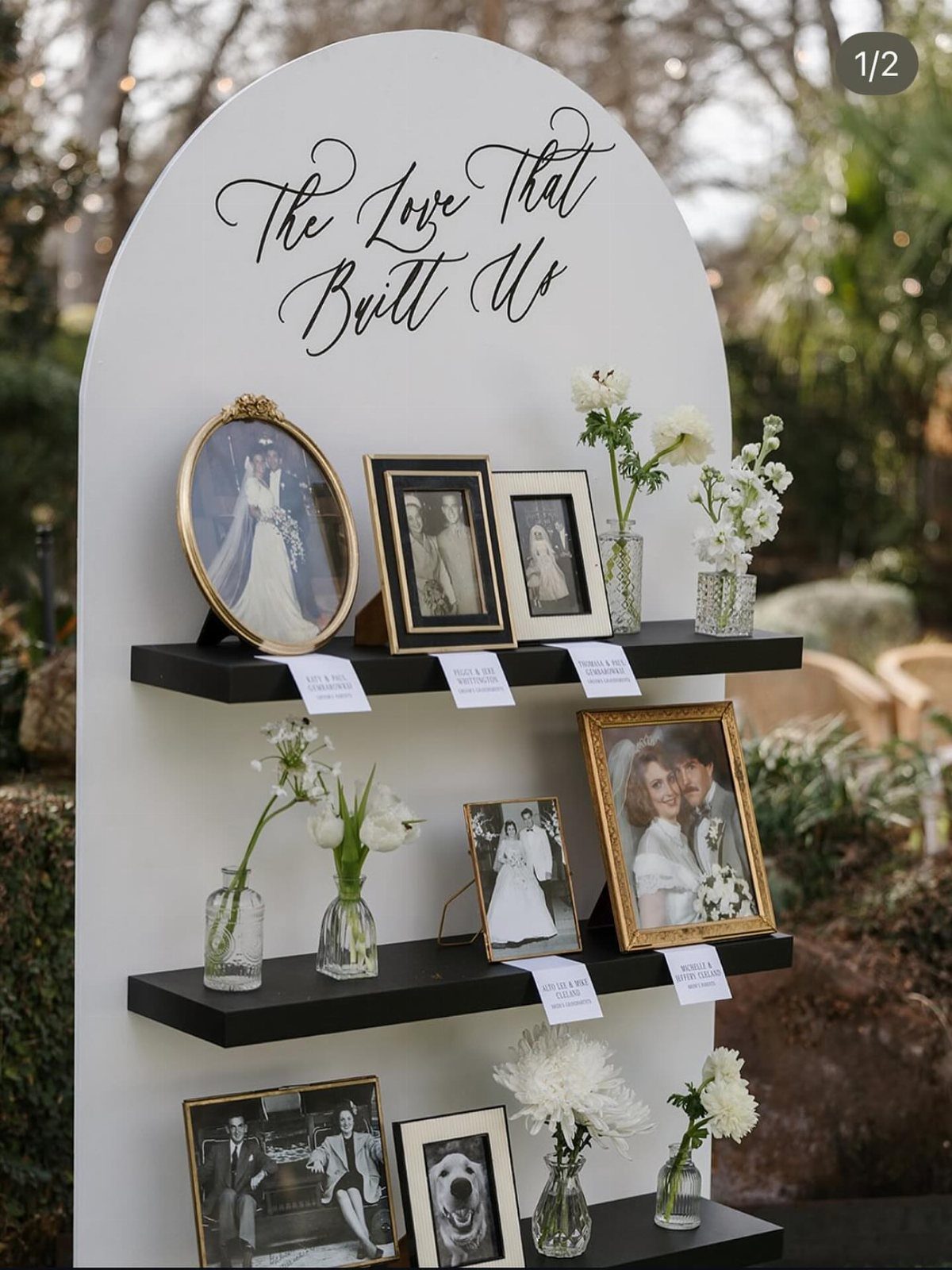 White arched memory wall with black shelves holding framed wedding photos and white flowers.