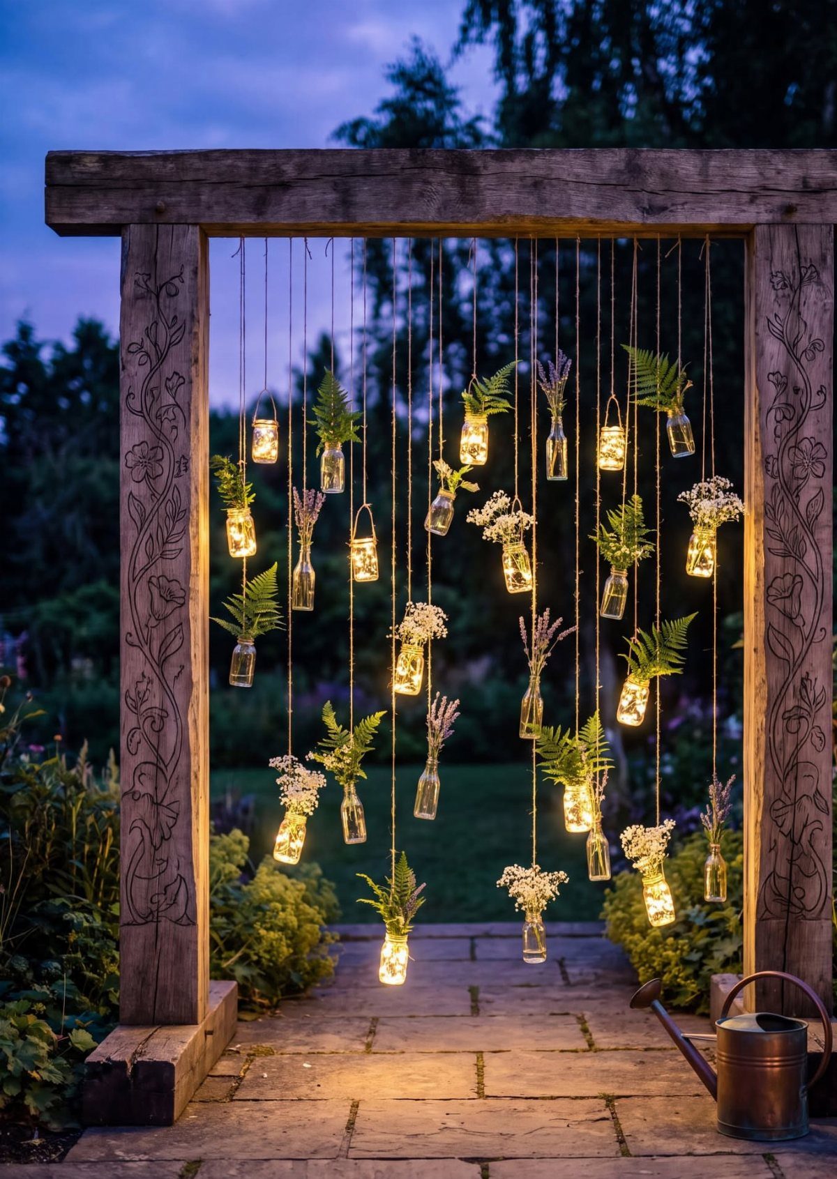 Hanging glass jars with fairy lights and greenery under a wooden beam frame.