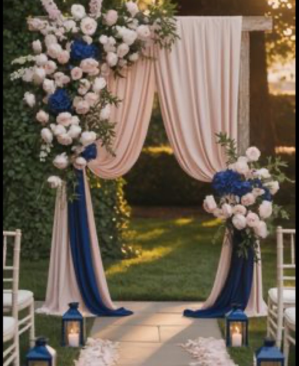 Wedding arch with blush and navy blue fabric drapes and floral arrangements.