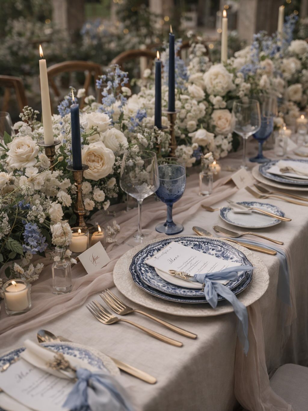 Wedding table setting with beige runner, navy blue candles, and blue floral arrangements.