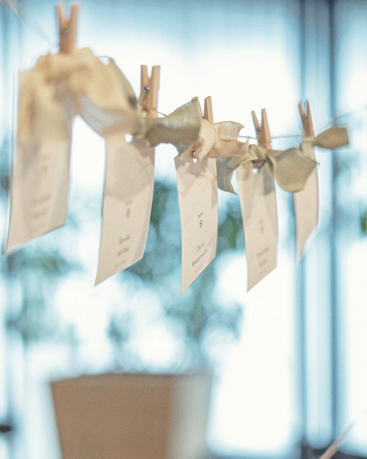 White cards with ribbons clipped to a string with wooden clothespins