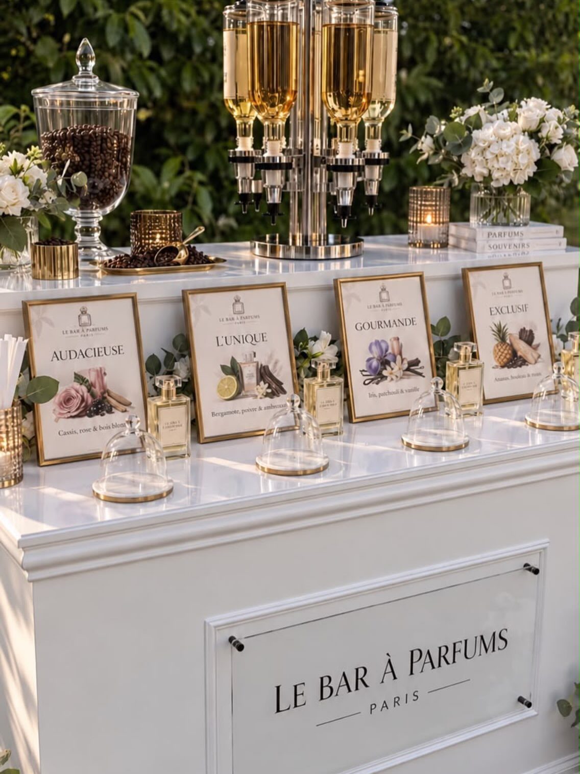 Perfume bar with fragrance bottles, descriptive cards, and a champagne tower on white counter