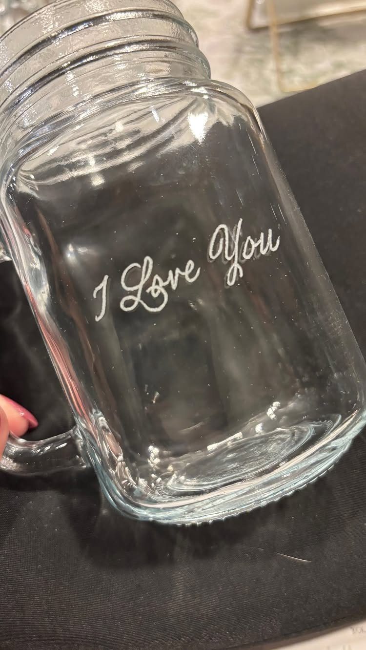 Glass mason jar mug with white cursive I Love You text on side