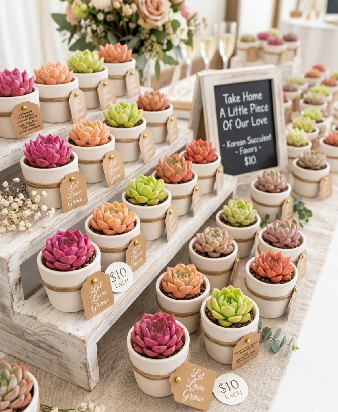 Small colorful succulents in white pots with tags on a wooden tiered stand.