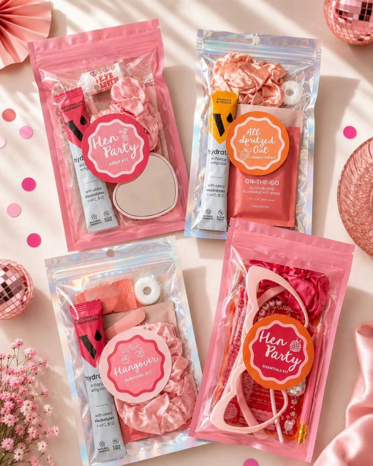 Four hangover recovery kits in pink and clear pouches with party accessories.