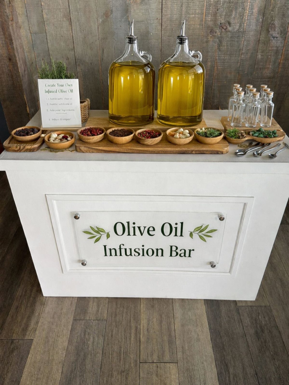 Olive oil infusion bar with large dispensers, herb bowls, and small glass bottles.
