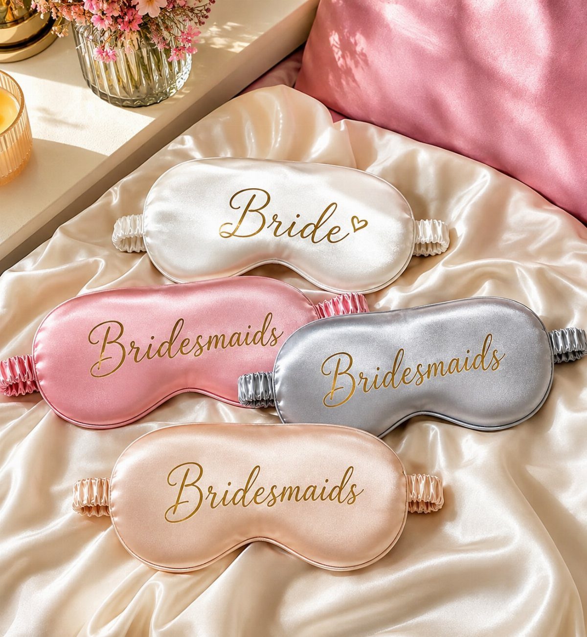 Satin sleep masks for bride and bridesmaids in various colors on satin fabric.