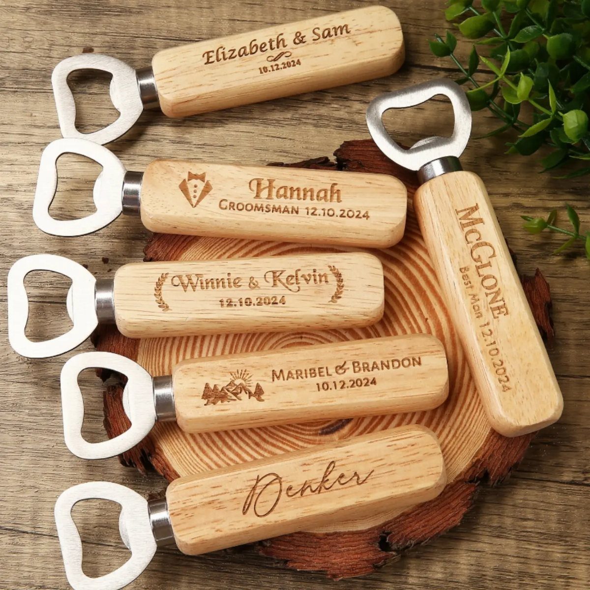 Personalized wooden bottle openers with silver metal heads on a rustic wood slice.