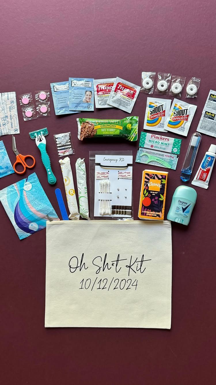 Emergency kit items and a personalized canvas bag on a maroon background.