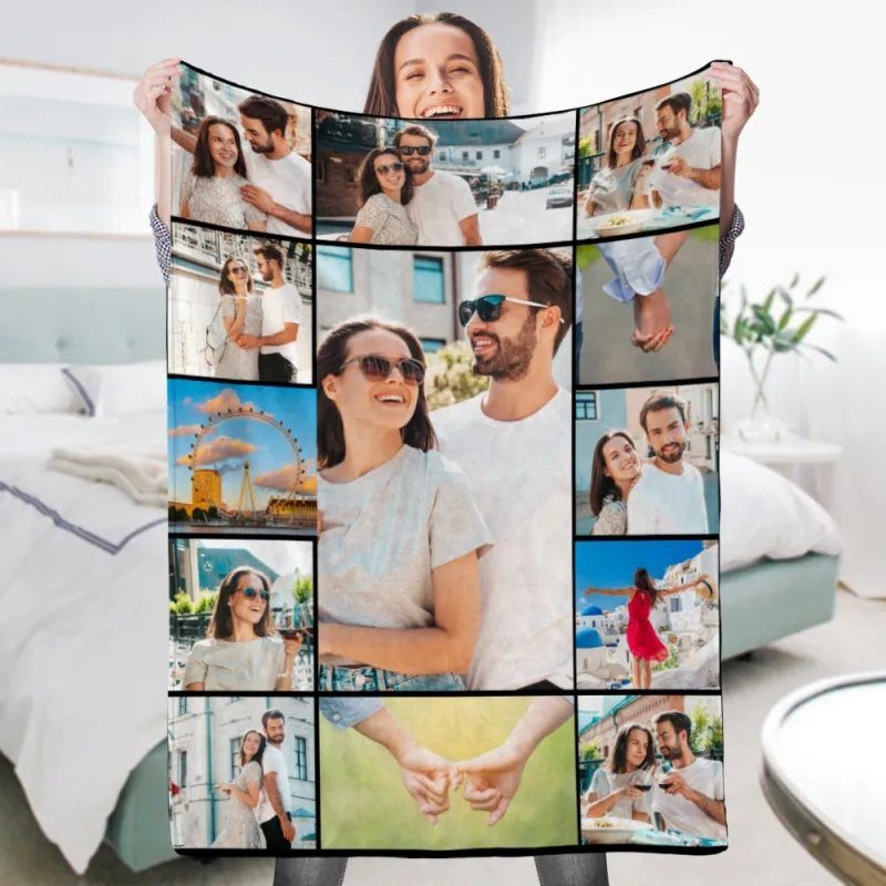 Woman holding a personalized photo blanket featuring a collage of a happy couple.
