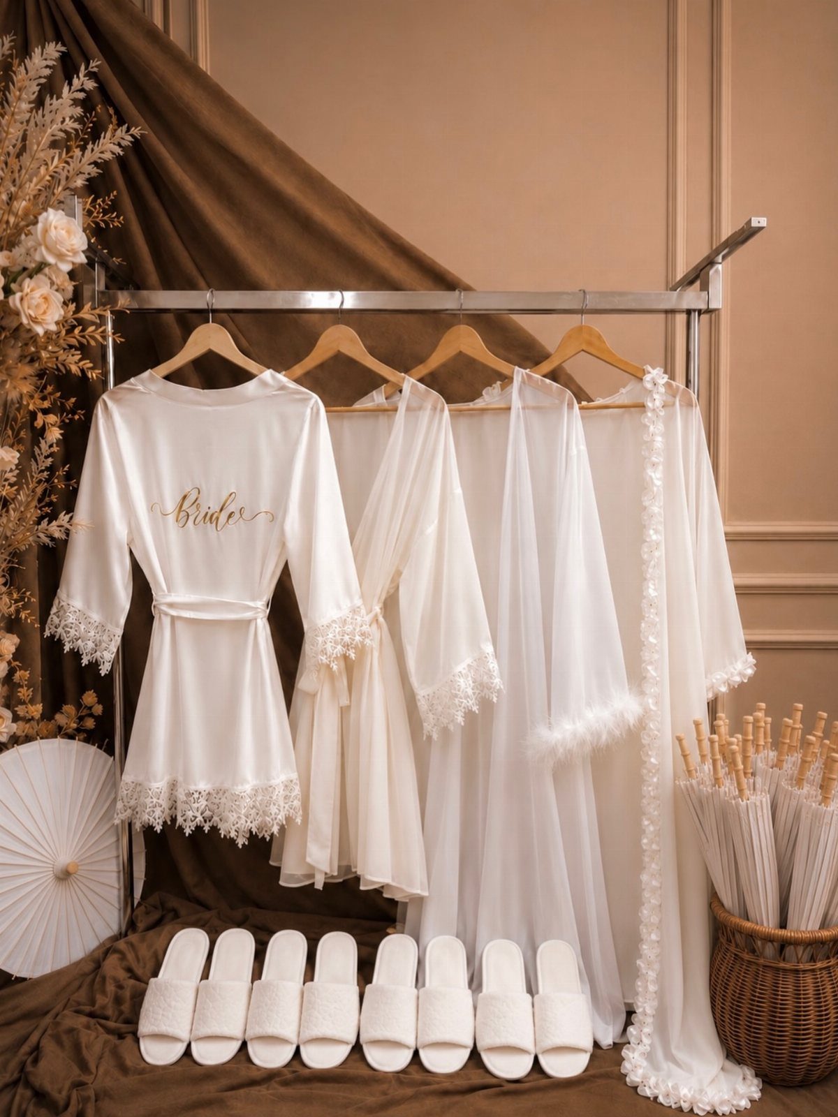 White bridal robes with lace trim hanging on a rack above white slippers.