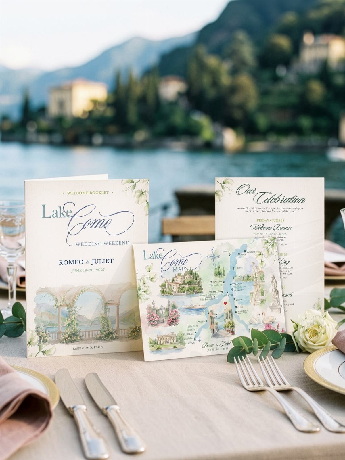 Wedding itinerary and illustrated map of Lake Como on a set dinner table.