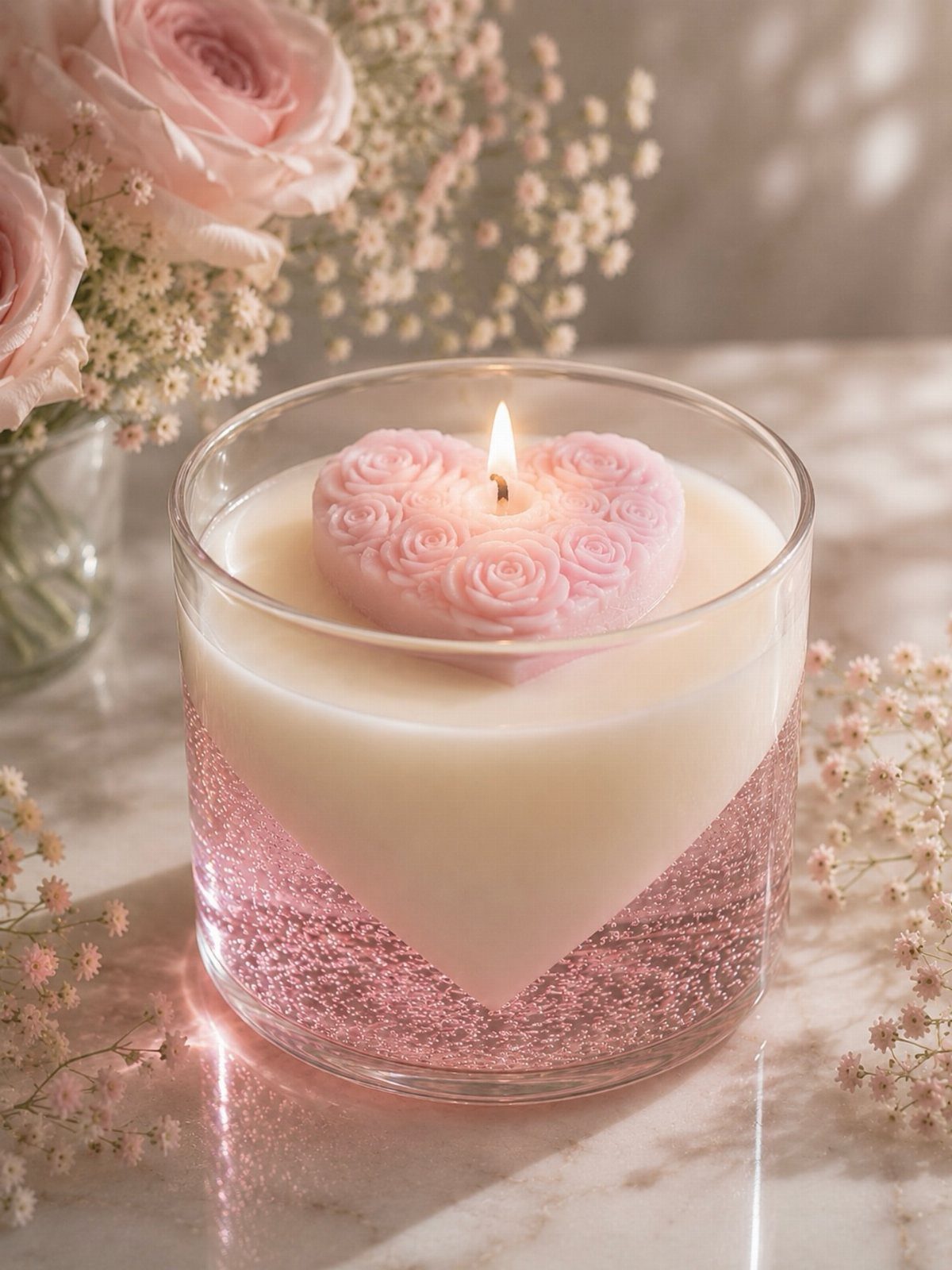 Heart-shaped pink rose candle lit in a glass jar with pink flowers.