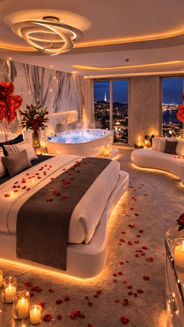 Romantic hotel room with rose petals on the bed and a jacuzzi tub.