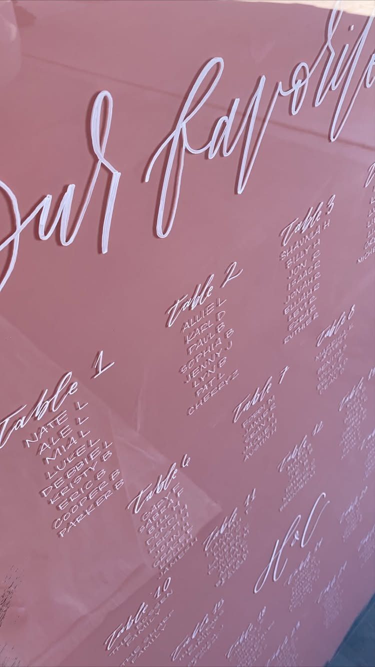 Pink acrylic seating chart with white cursive text and guest lists by table.