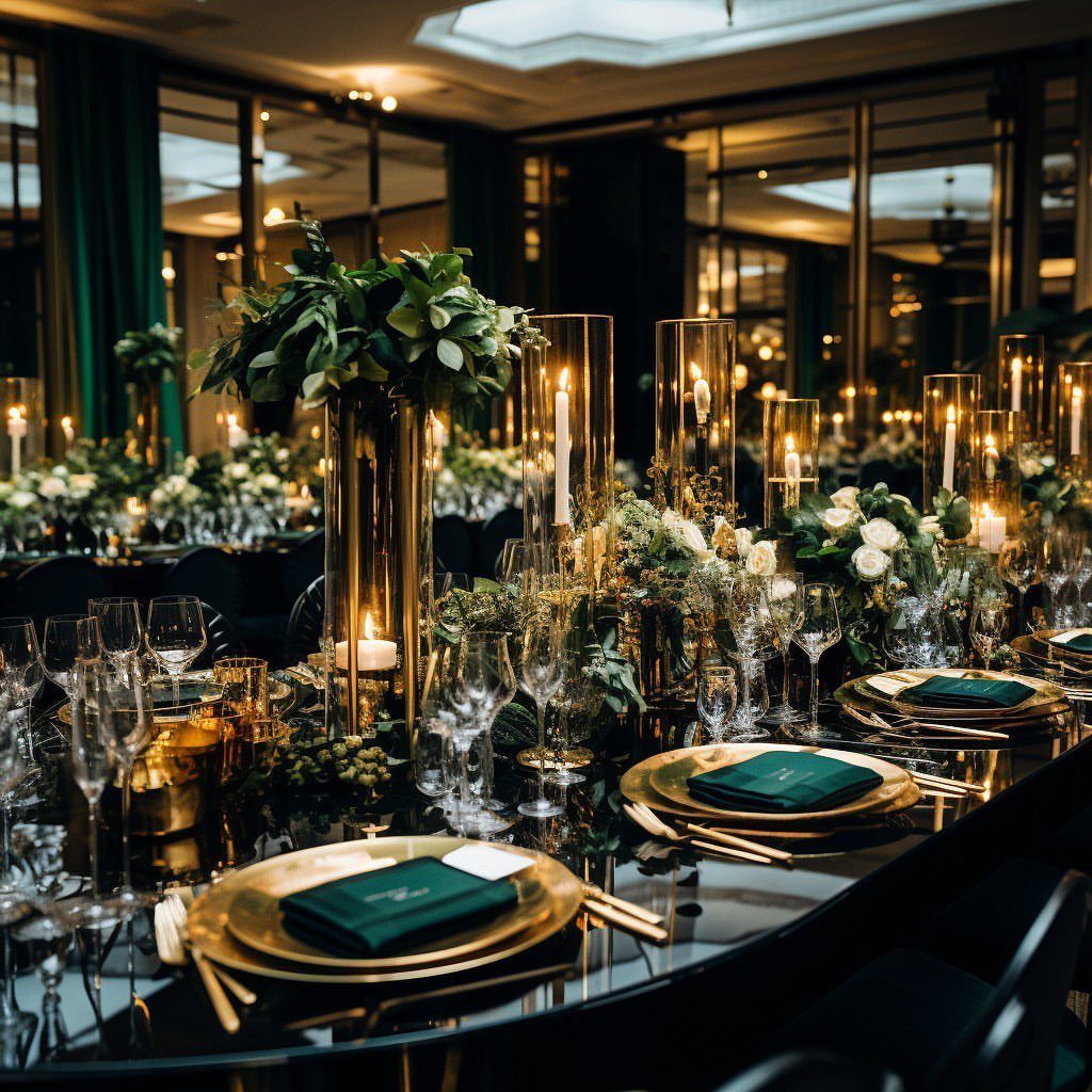 Forest green napkins and gold plates on a reflective wedding table with candles.