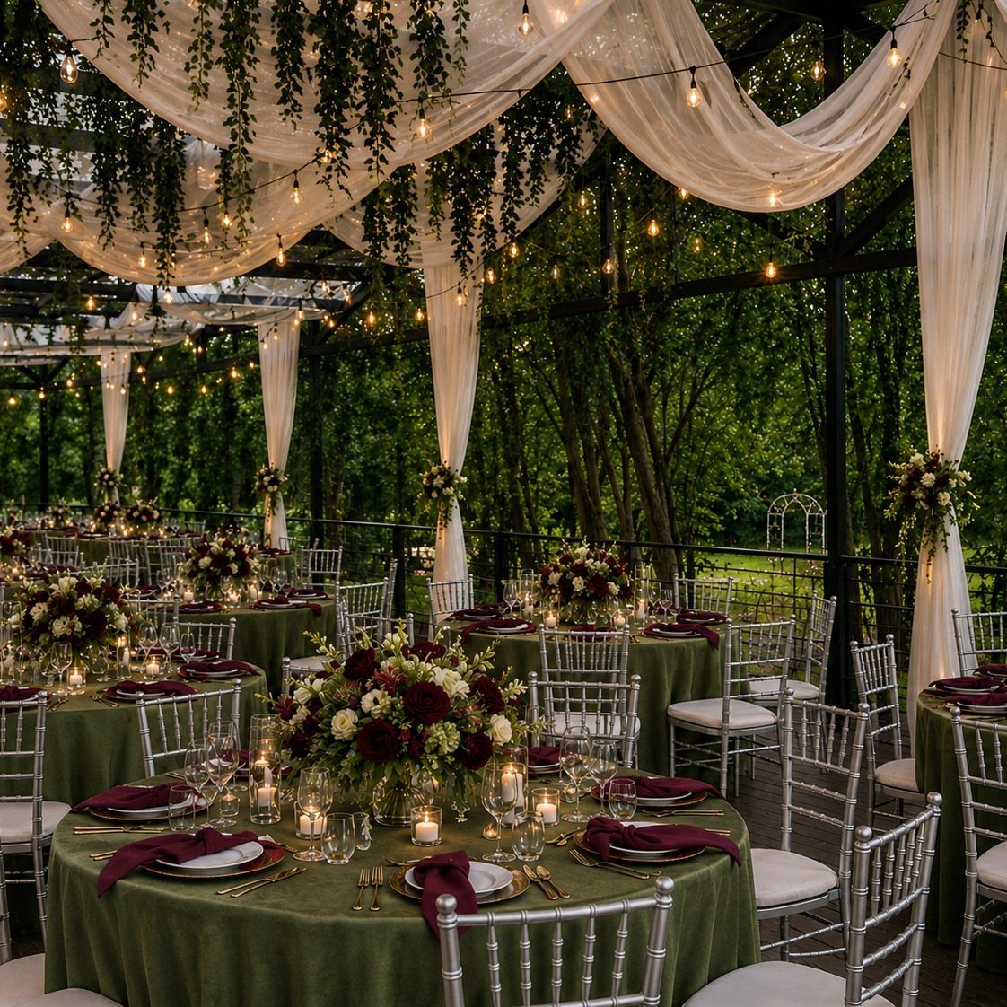 Olive green table linens with burgundy napkins and floral centerpieces under a canopy.