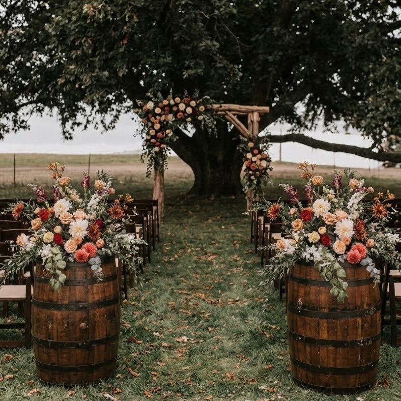 Outdoor wedding ceremony setup with floral arrangements on wooden barrels under a tree