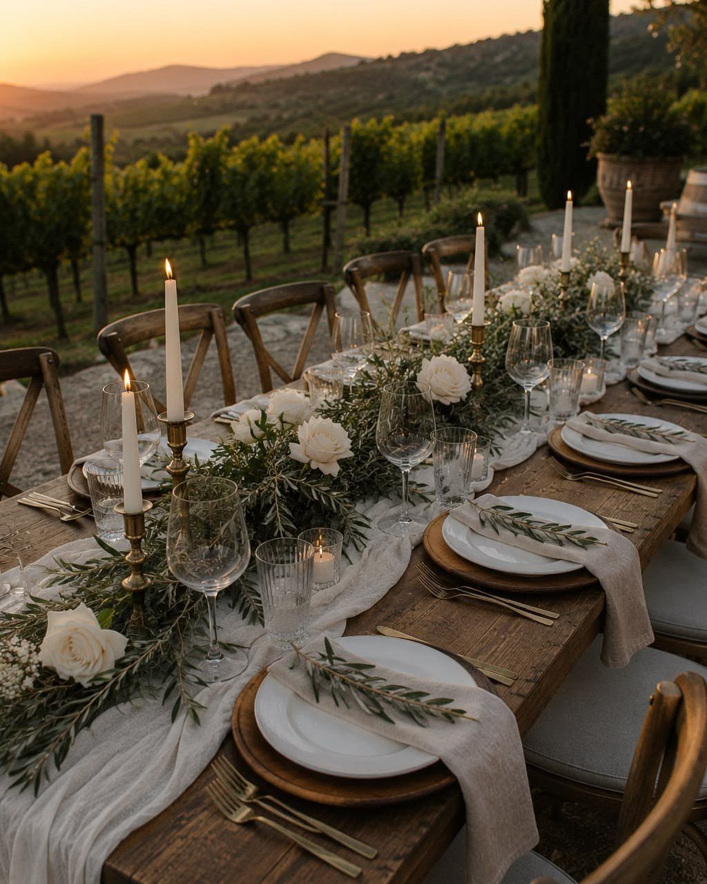 Wooden wedding table with white roses and candles overlooking a vineyard at sunset