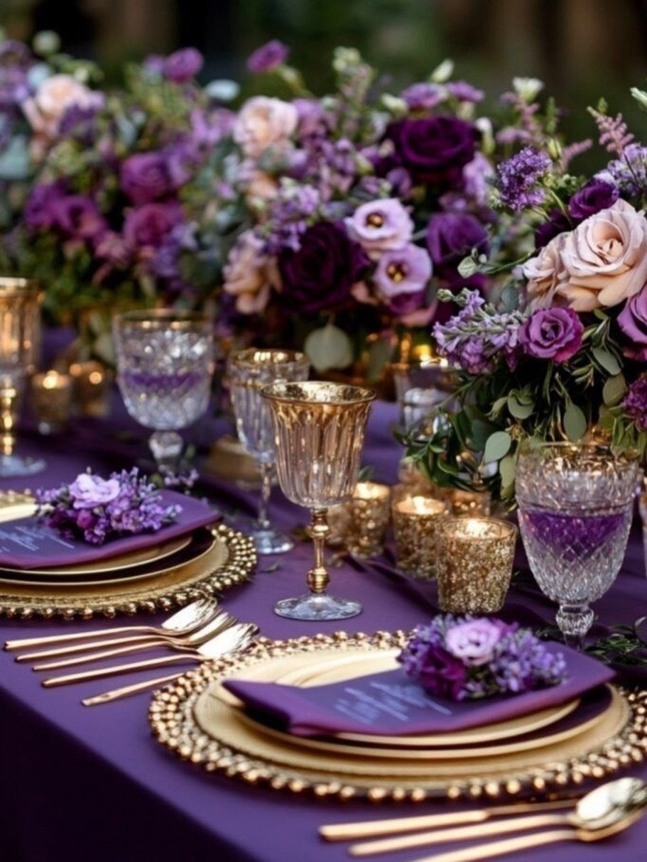 Plum and lavender floral centerpieces on a purple table with gold accents.