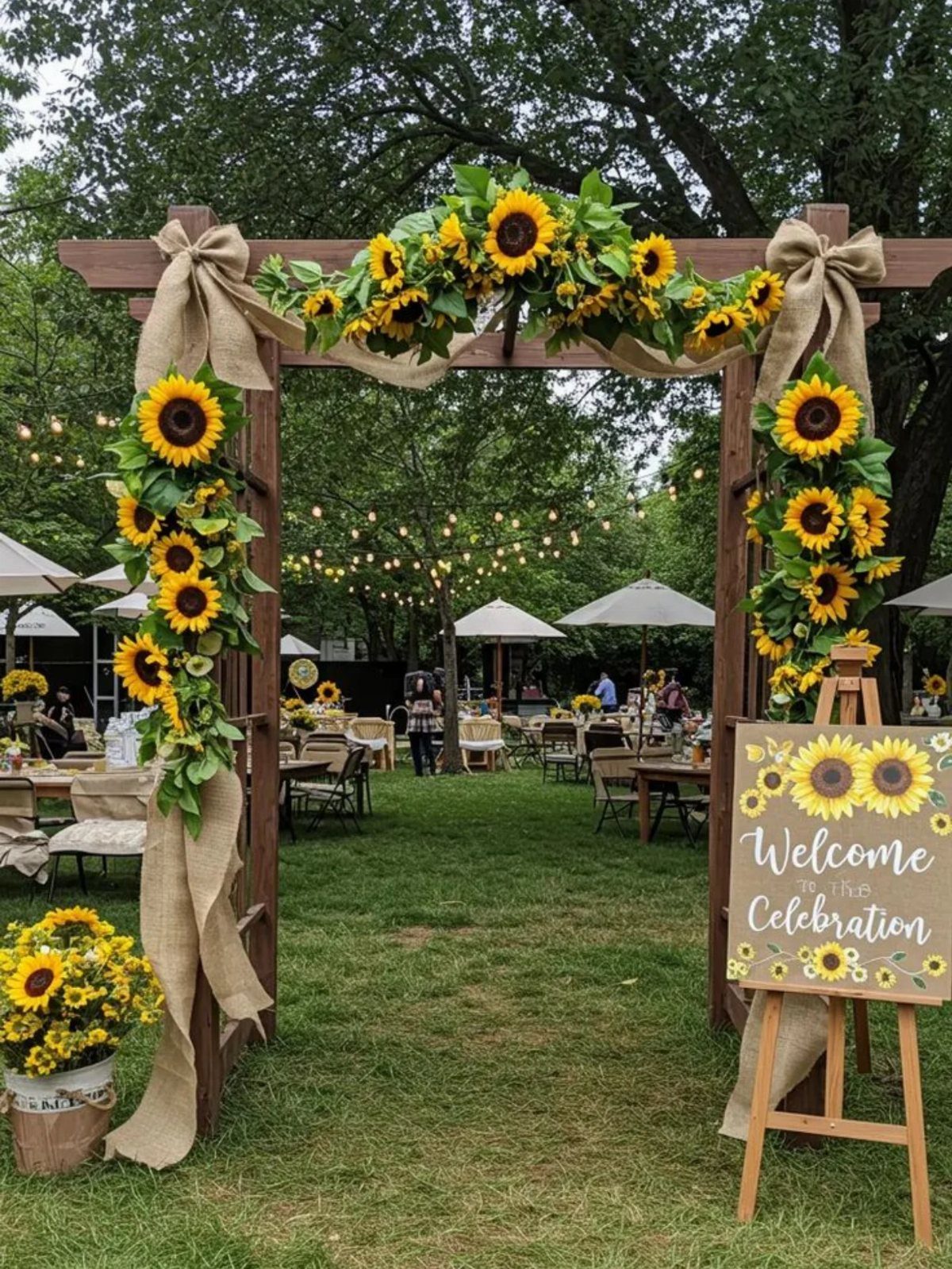 Wooden wedding arch adorned with sunflowers and burlap bows in an outdoor garden setting.
